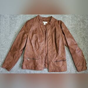 Christopher & Banks Brown Leather Jacket Classic Collarless Design